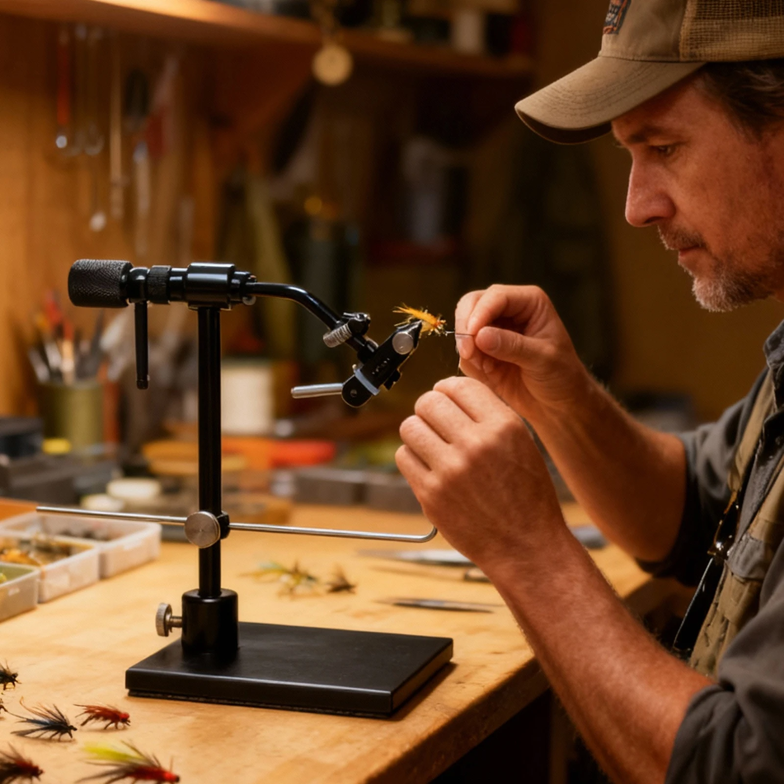 Rotary Fly Bindeschraubstock, Werkzeug zur Herstellung künstlicher Fliegen, verstellbare Fliegenfischerausrüstung mit robuster Basis, Traveler Tackle Kit – Detail 1