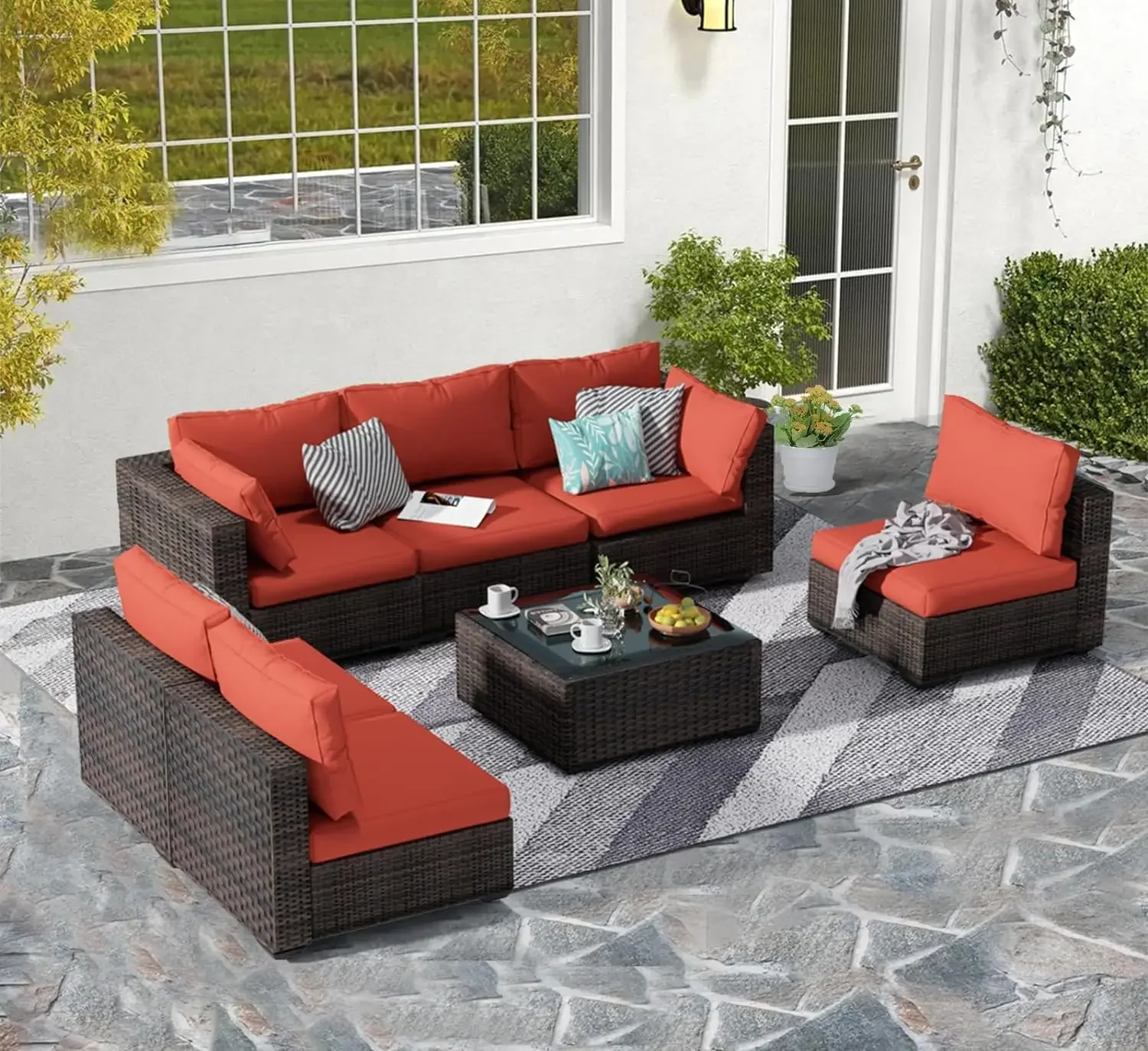 Patio Furniture Set, All Weather Outdoor Sectional PE Rattan, Patio Conversation Sets with Cushions and Glass Coffee Table