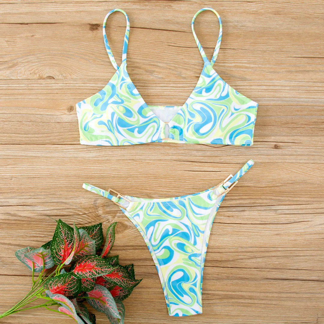 Sexy, gerippter, hoch geschnittener Bikini, Damen-Badeanzug, zweiteiliger Bikini mit Polsterung, Badebekleidung, Badeanzug, Damen-Bikini V7111 – Detail 37