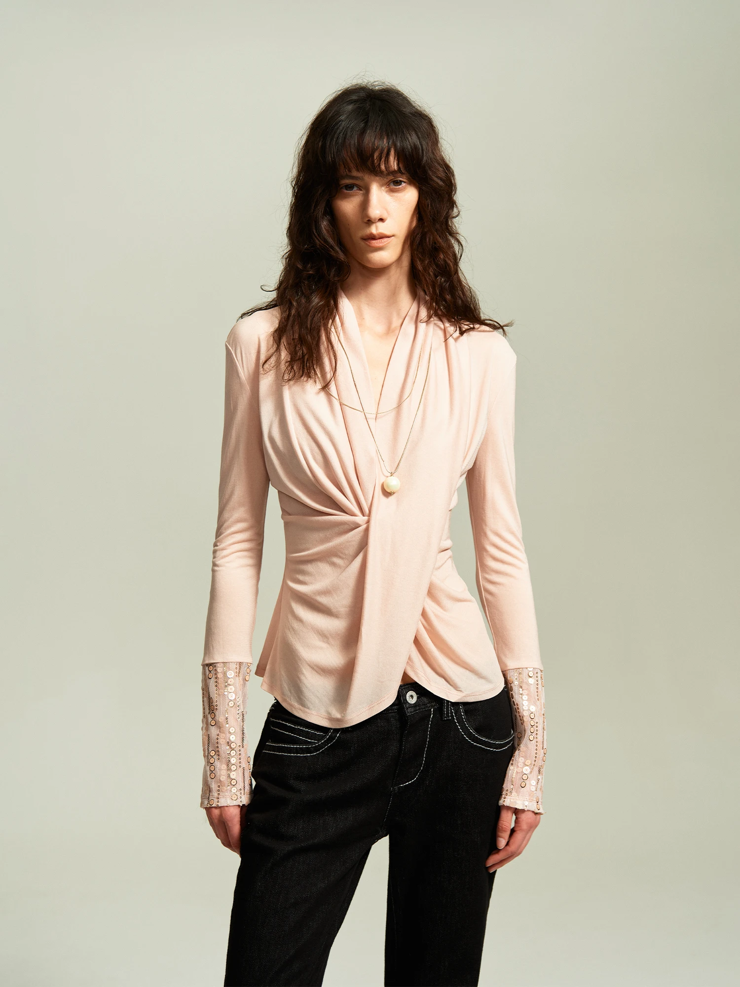 PRRP 88 Long Sleeve T-Shirt Women's Slim Fit Heavy Embroidery Cross Neckline Waist Cinching Pearl Bead Cuff Vintage Style Top