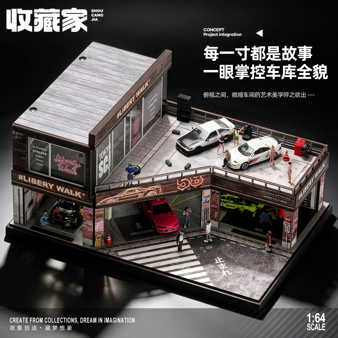 SCJ-82081 1:64 LB Style Custom Garage & Auto Repair Shop Diorama – Two-Story LED Parking Street Scene Display for Diecast Cars