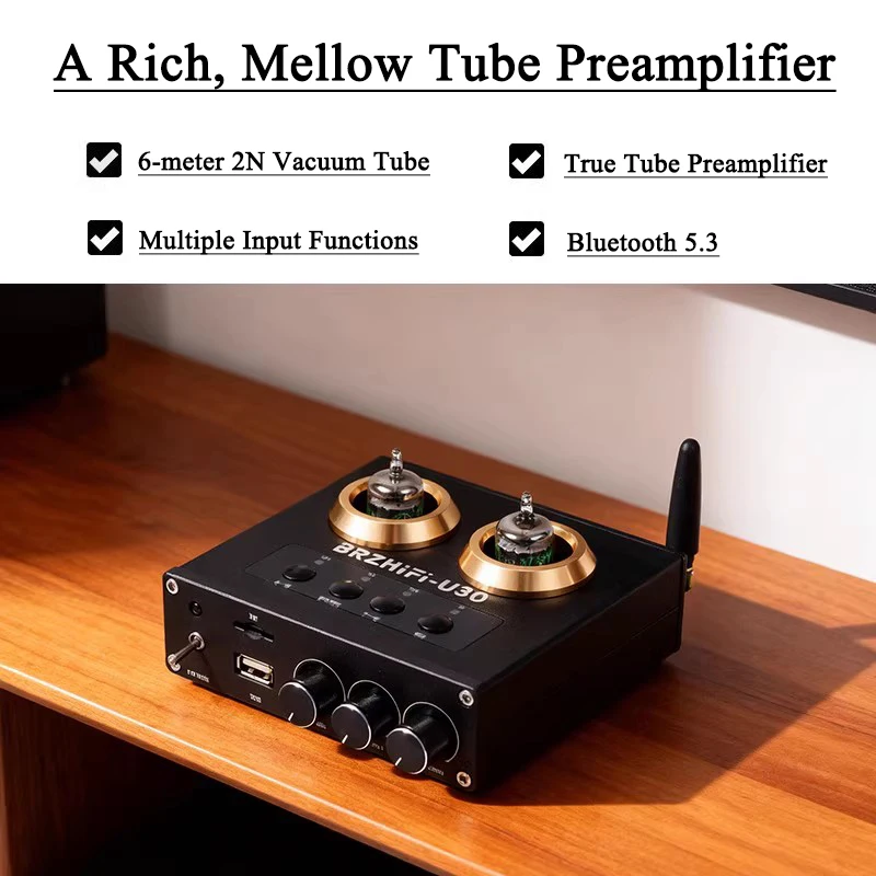 

BRZHIFI U30 Hifi 5725 Vacuum Tube Preamplifier Remote Control Bluetooth 5.3 Audio Preamp Effect device Support AUX USB MP3