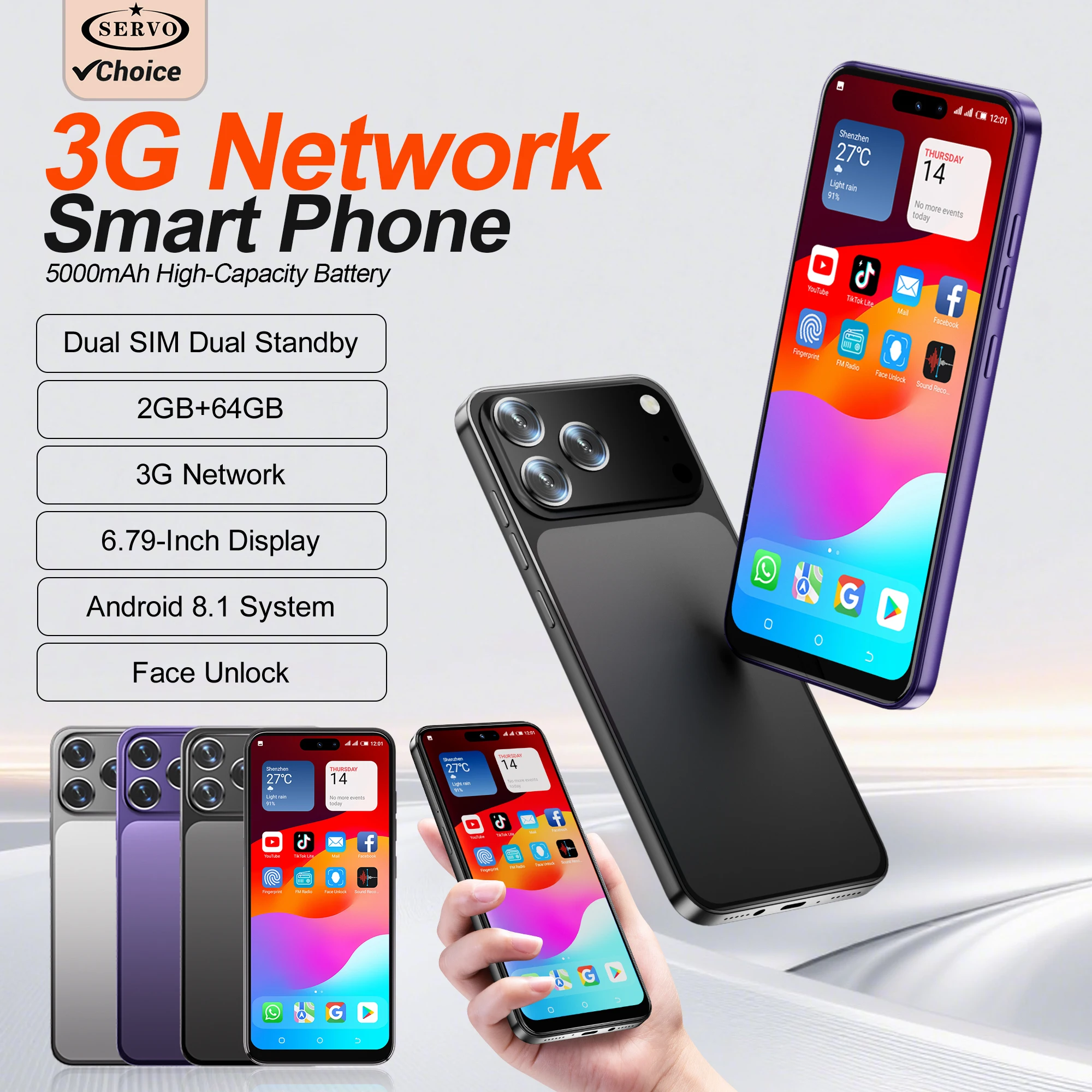 SERVO A17 PRO 3G Cellular Smartphone Android OS 6.79'' Large Display 2GB+64GB 5000mAh Fingerprint Unlock Cell phone Google Play