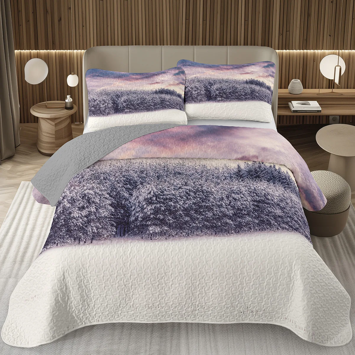 

Natural Scenery Bedspread Queen/Twin,Snow Mountain Forest Print Coverlet,Winter Scene Quilt Set, Reversible Grey Quilted Bedding