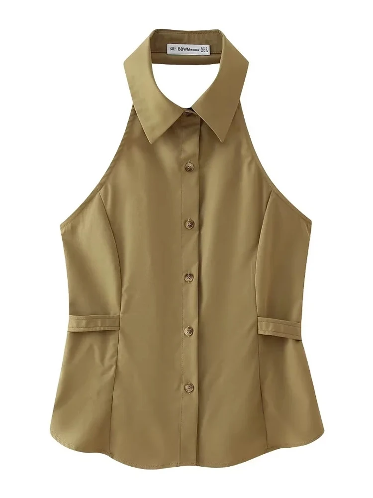 

Summer Fashion Single Breasted Side Blet Decoration Womens Khaki Slim Tops Girl's Fashion Halter Collar Sleeveless Solid Shirts