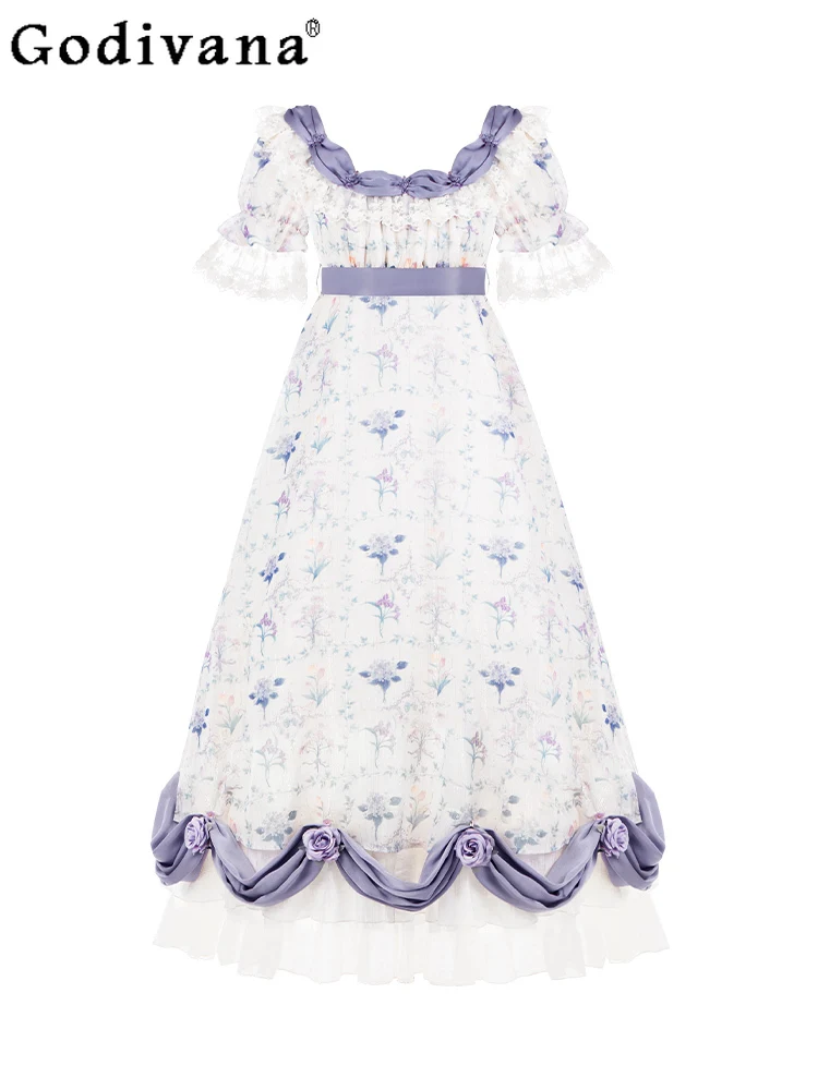 Robe de princesse Lolita en dentelle violette, élégante, Vintage, col carré, à volants, douce, taille haute, ligne a, imprimé féerique, été