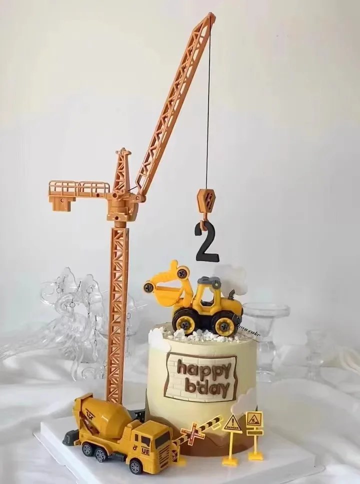 Tortendekoration mit Baufahrzeugen: Kran, Bagger, Tankwagen für Kinder, Jungen, Erster Geburtstag, Kuchendekoration, Geschenk, Requisiten – Detail 4