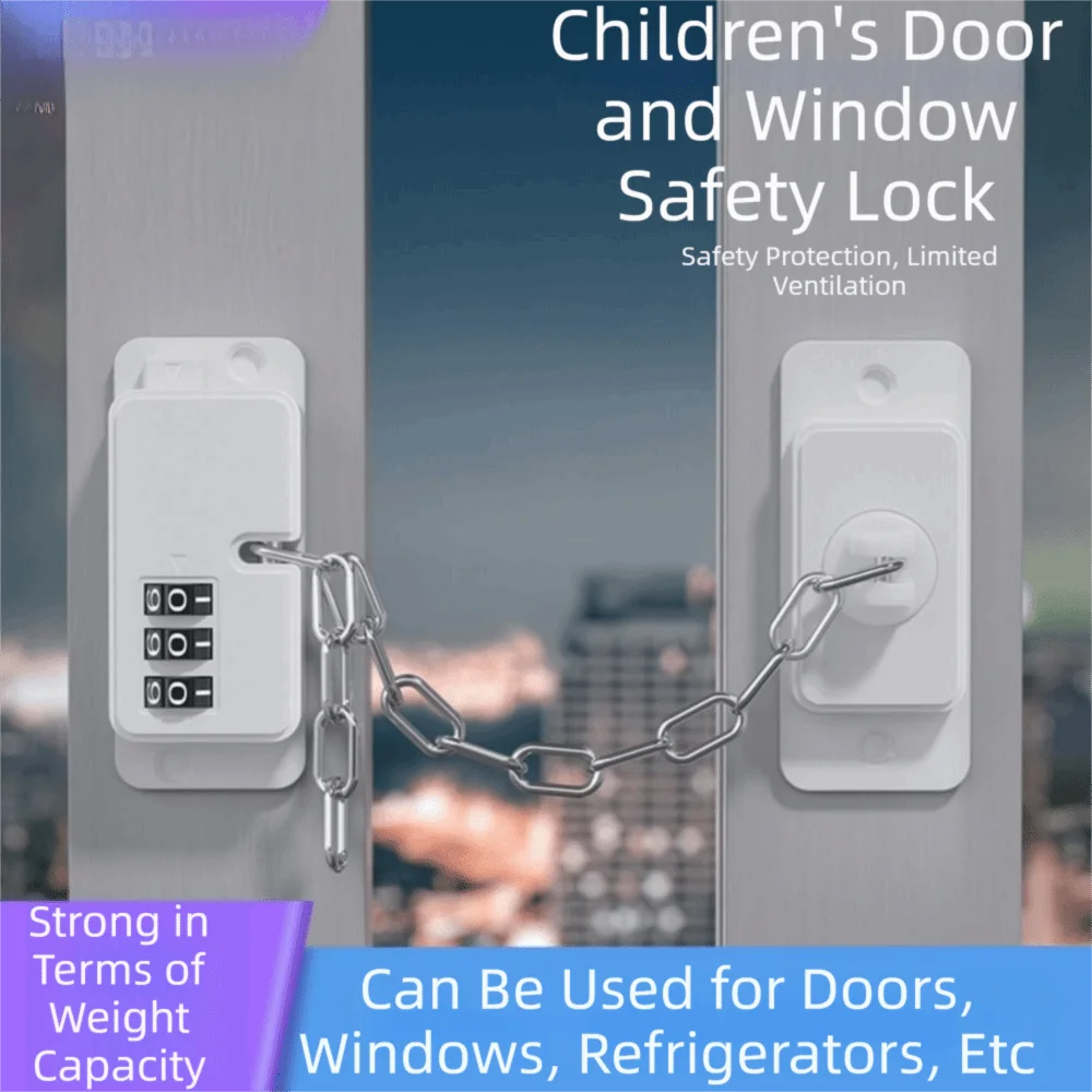Combination Lock Chain Window Restrictor Lock No Drilling Adjustable Door Lock Adjustable Chain Strap Durable Child Safety Lock