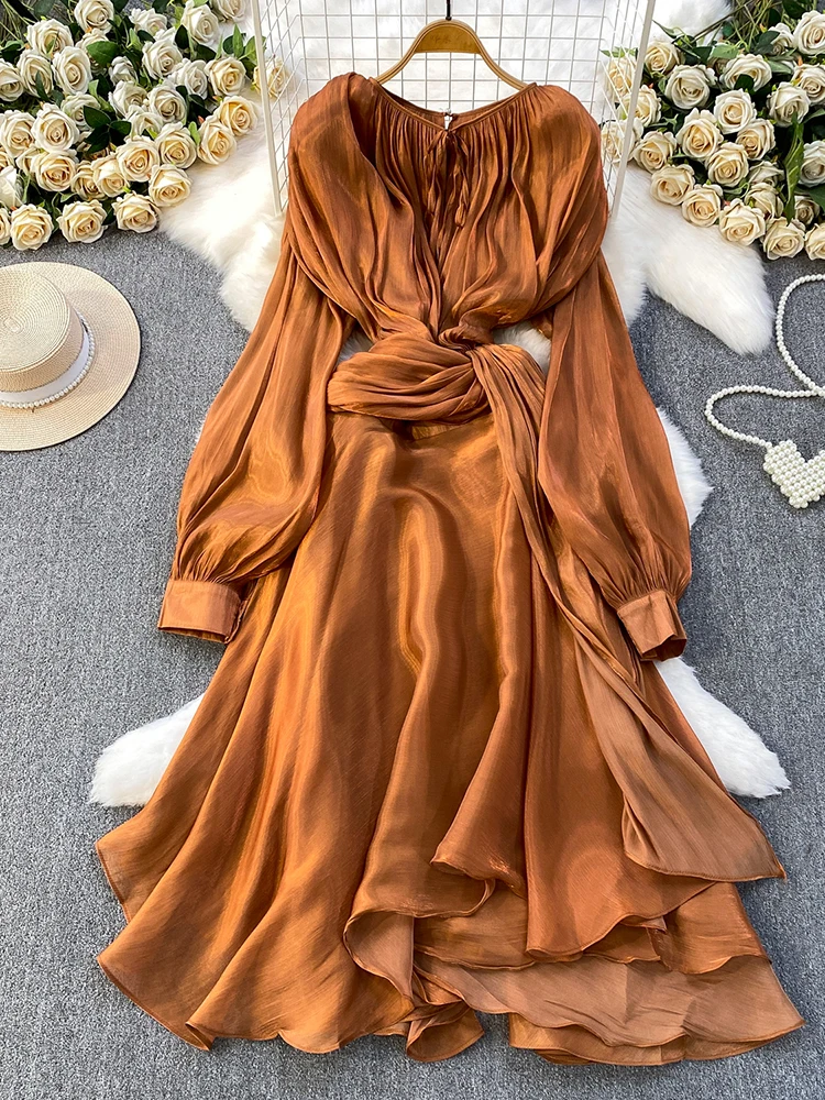 

Women Autumn Dress Party Lantern Sleeve Flowing Mesh Pleated Irregular Waist Large Swing Elegant Long Vestidos Female DS243