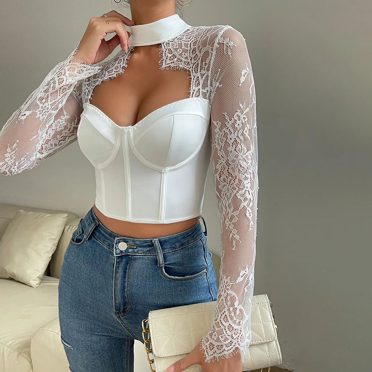 Lace Mesh Long Sleeve Crop Tops for Women Solid Hollow Out Slim Fit Tank Top O-Neck Corset Sexy Bustier Autumn Fashion Pullover