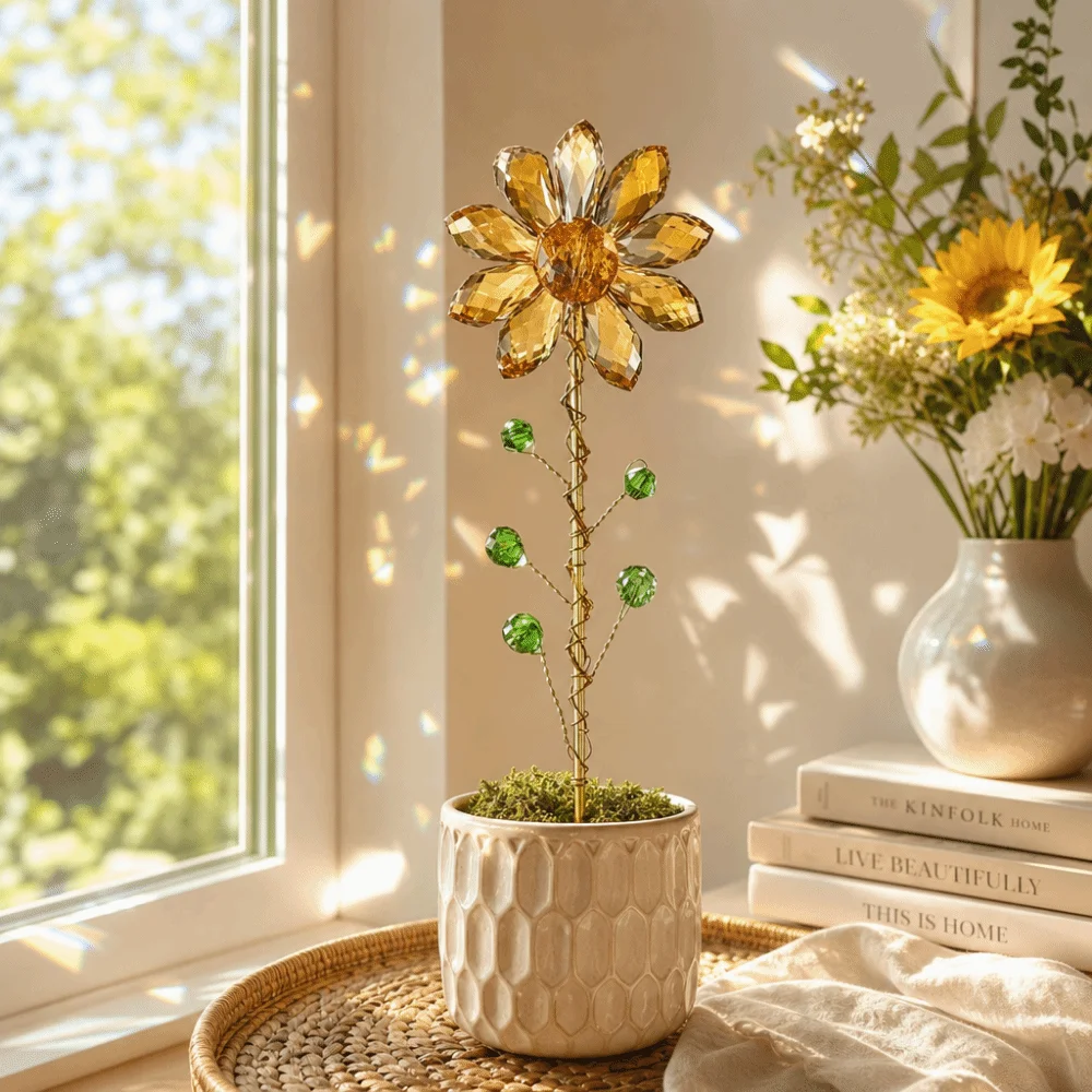Colorful Crystal Sunflower Suncatcher Rhinestone Gold Trellis Garden Decorative Pile Table Plant Imitation Flower
