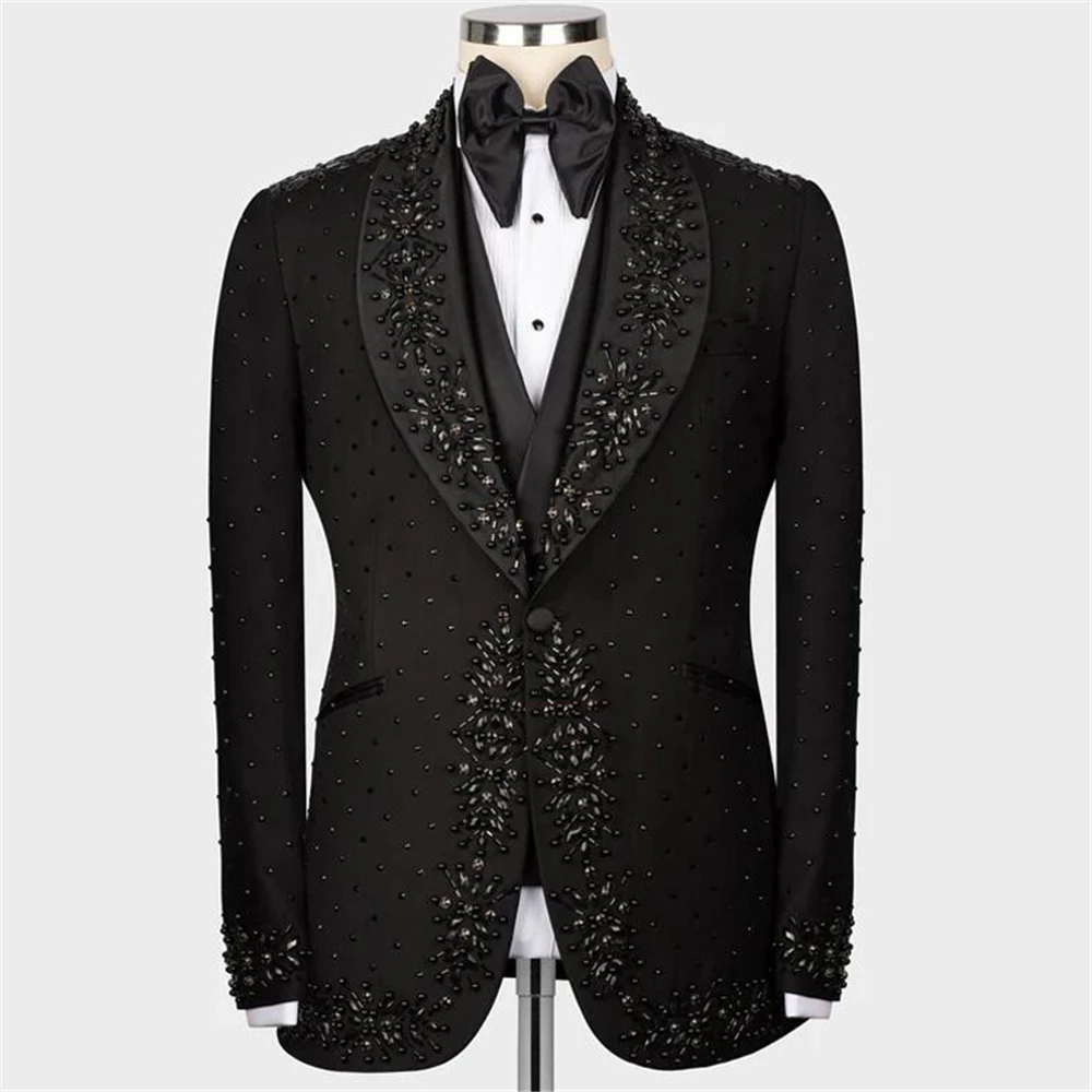 Handmad Custom Desing Tuxedos Black Suits Men Full Crystals Stone Beads Jacket Vest Pants 3 Pieces Wedding Party Dinner Clothing