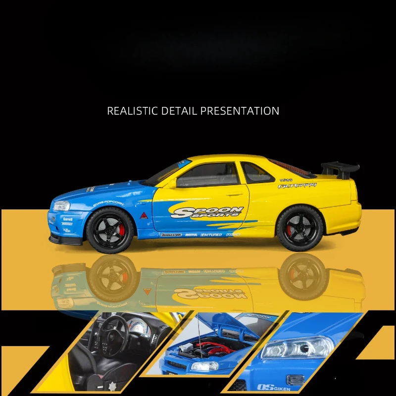 1:18 Nissan GT-R Skyline Decalcomania Modello di auto in lega Ragazzo Giocattolo per bambini Auto da corsa Ornamenti Collezione di luci sonore Voiture in miniatura