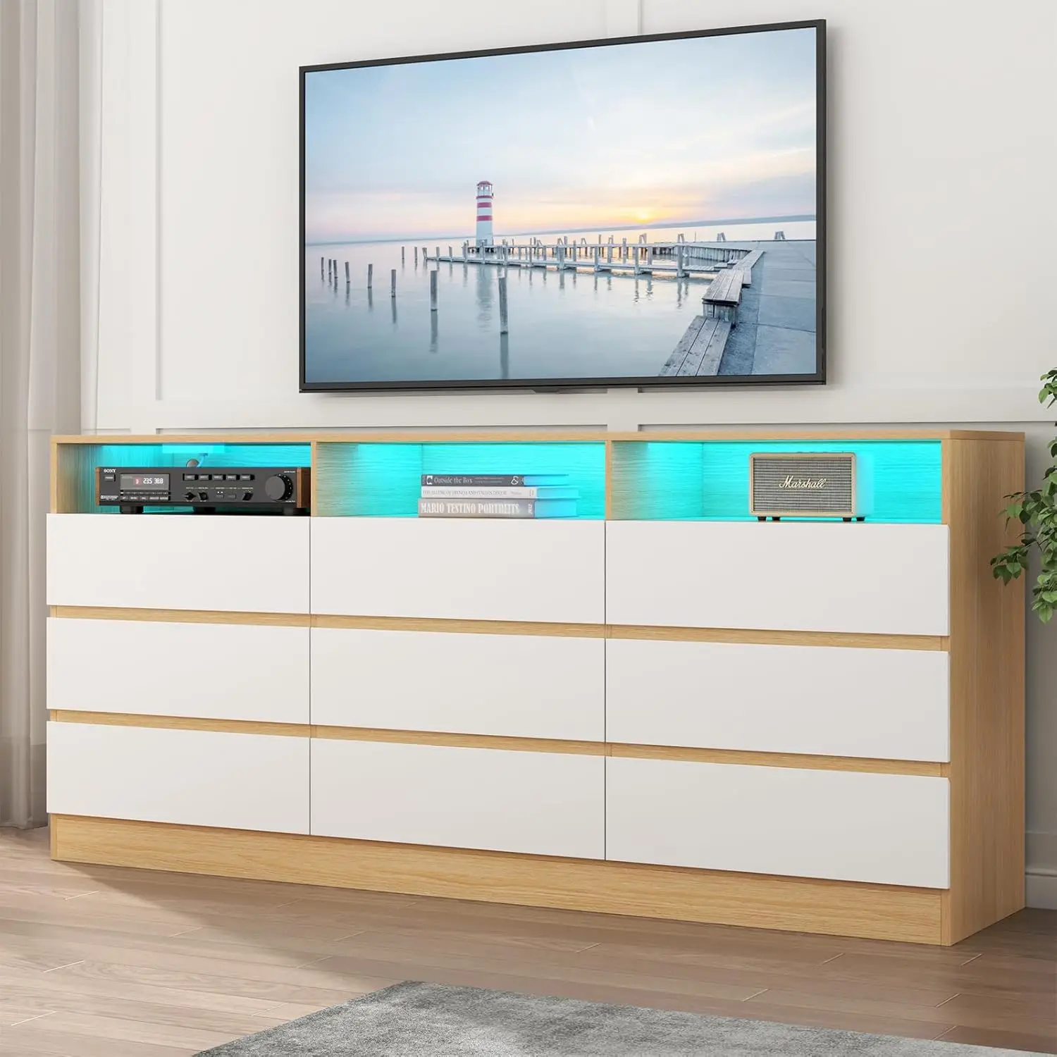 Cômoda com Power Outlet e Luz LED, Moderna cômoda de armazenamento para quarto e sala, 9 gavetas