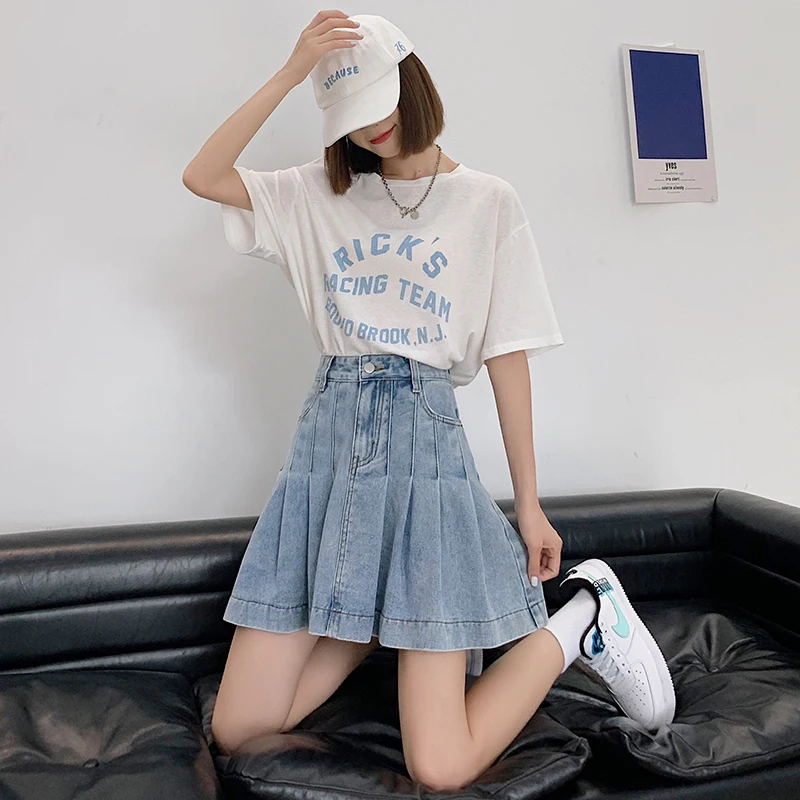 New 2024 Summer Denim Skirts For Women High Waist Pockets Pleated Blue Jeans Skirt Hot Sake Korean Fashion Lady Mini Skirt Woman