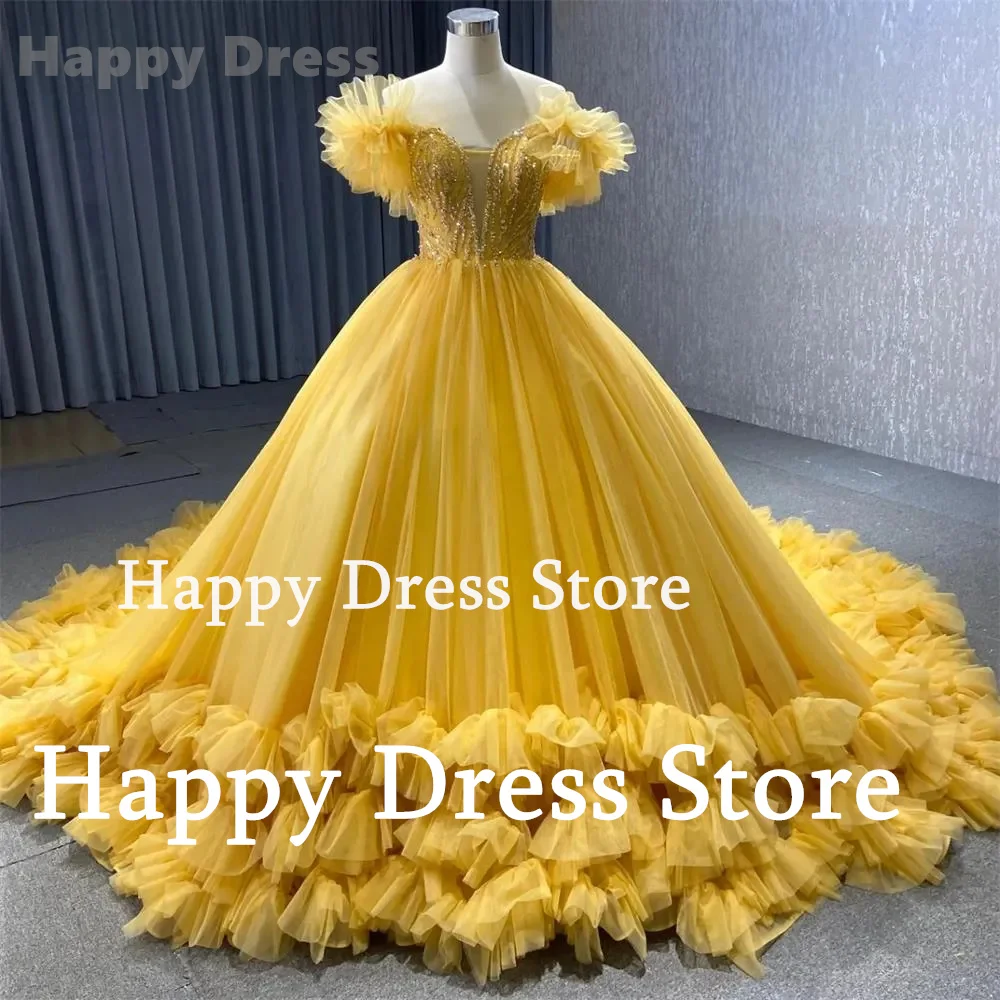 Feminino elegante vestido de baile amarelo, Princesa vestido de baile, Vestido de casamento, Vestido de baile, Vestido de noite, Novo vestido de noiva