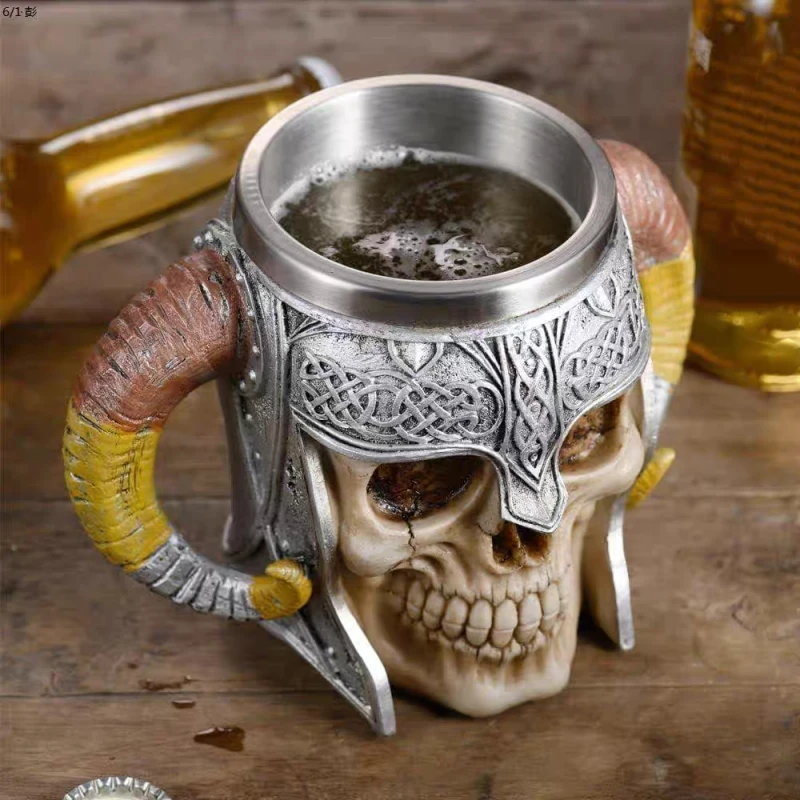 

600ml Viking Skull Mug Stainless Steel Coffee Mugs Travel Cup Horn Drinking Tea Mug Halloween Mug Decoration Ceramic Tiki Mug