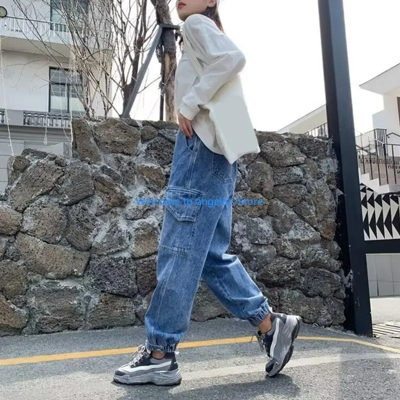 X4YC Womens Elastic High Waist Loose Cargo Jogger Jeans Pant with Side Flap Pockets