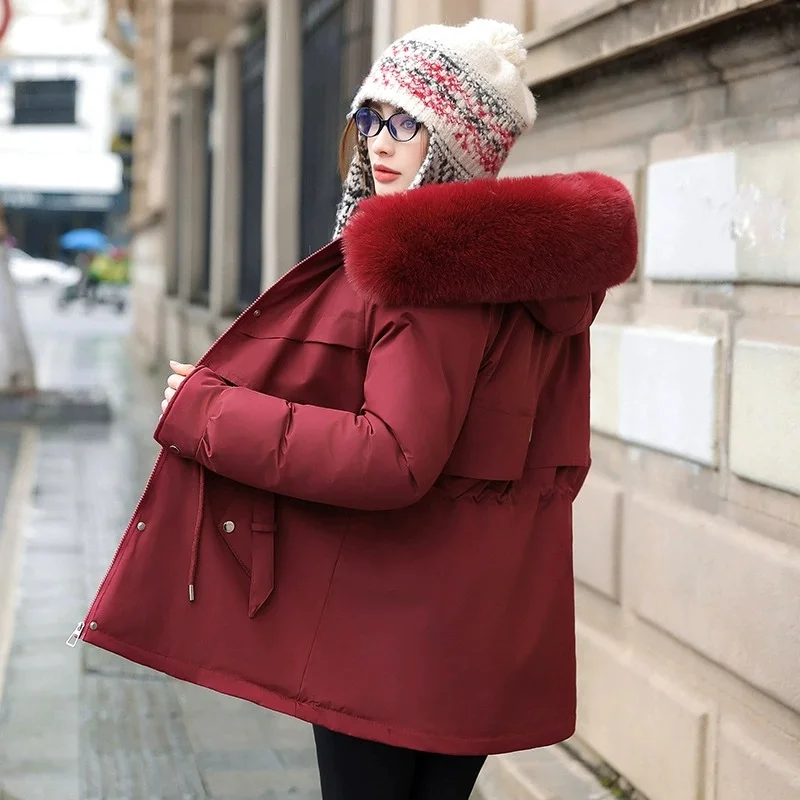 Parka d'hiver 2025 nouvelles femmes veste vêtements mi-long manteau doublure en laine à capuche col de fourrure épais chaud vêtements de neige mode Parkas
