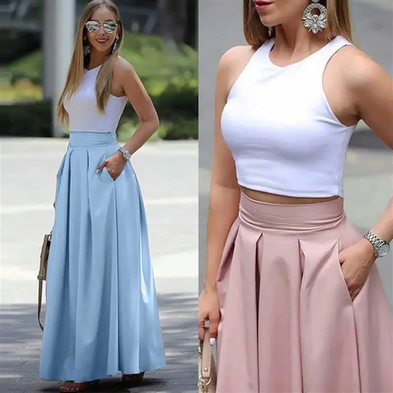 Spring Autumn plus Size Women's Pure Color High Waist Pleated Skirt Cross-Border Fashion Elegant Half-length Gown