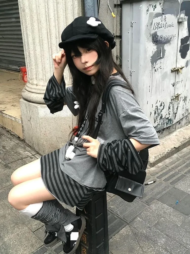 

Kimotimo, повседневные съемные футболки с длинными рукавами, женские японские винтажные свободные топы с v-образным вырезом и принтом, осенние милые футболки Y2k в стиле гранж