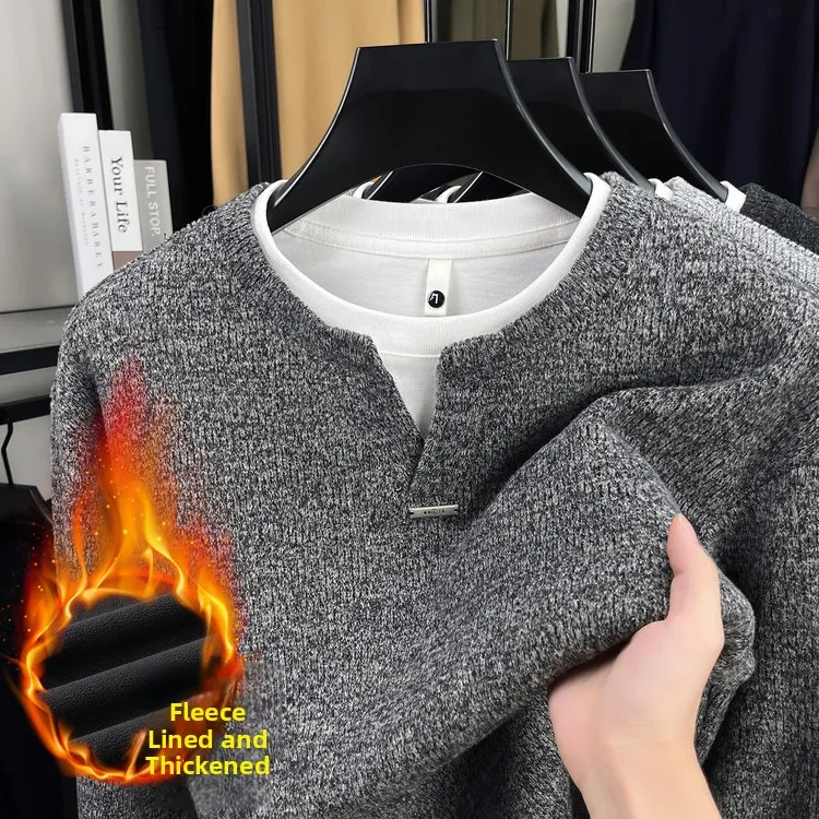 

Thiened Double Layer Collar Sweater Men's Knitted Fce Lined Casual Sle Inner Wear Fake Two-Piece Streetwear T-irt