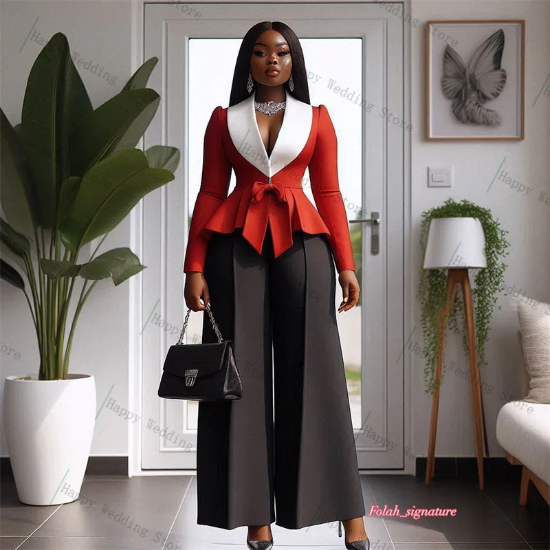 

Black White Red Women Suit Pants Set 2 Piece Blazer+Trousers Cotton Formal Office Lady Customized Wedding Tuxedos Party Coat