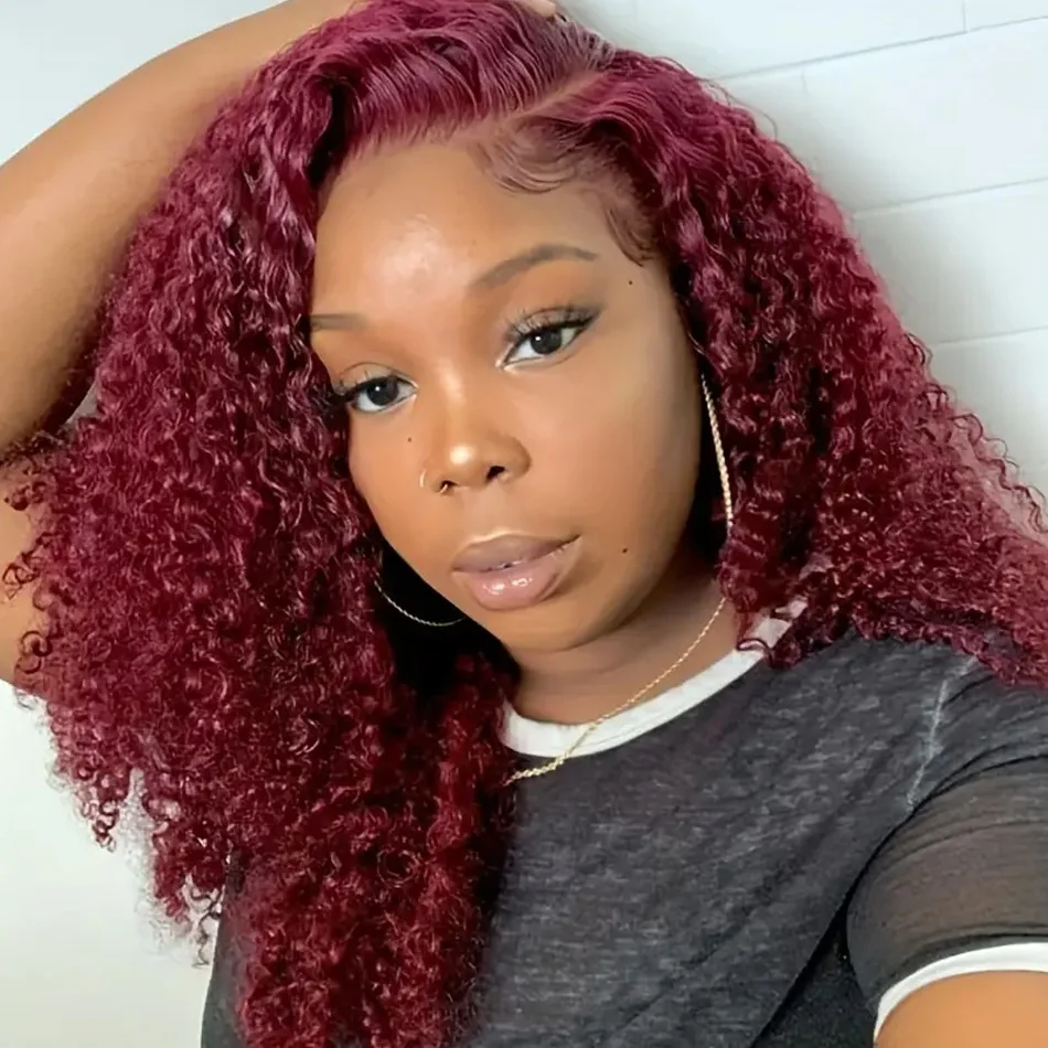 

99J Colored 13x4 Curly Lace Front Wig Burgundy Red Remy Short Cut Bob Frontal Human Hair Wigs Women Preplucked Water Wave Wigs