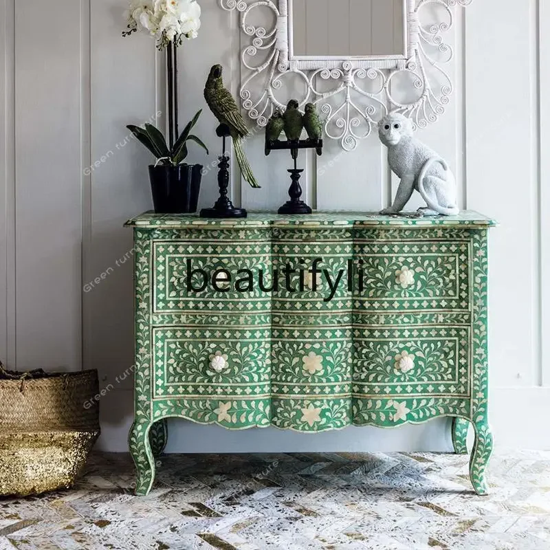 

Retro old solid wood home hand-painted entrance cabinet American light luxury foyer decorative chest cabinet2005