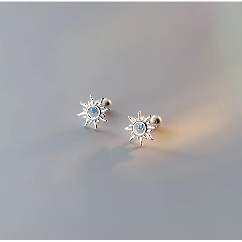 

925 Sterling Silver Blue Zircon Sun Small Stud Earrings For Women Piercing Elegant High Fine Jewelry Best Selling