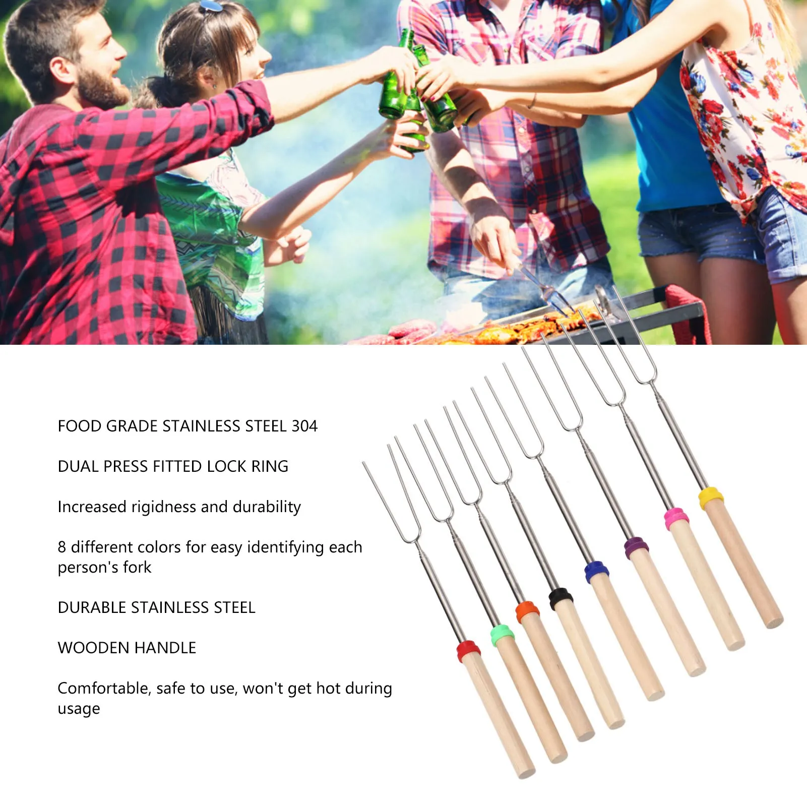 8Pcs Telescoping Extendable Marshmallow Roasting Sticks Marshmallow Sticks Kit Extending Roaster Smores Skewers Hot Dog Forks fo
