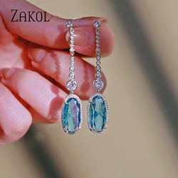 ZAKOL Fashion Long Tassel Dangle Earrings for Women Sea Blue Oval  Zircon Bridal Earring Girls Wedding Party Jewelry 2023 New