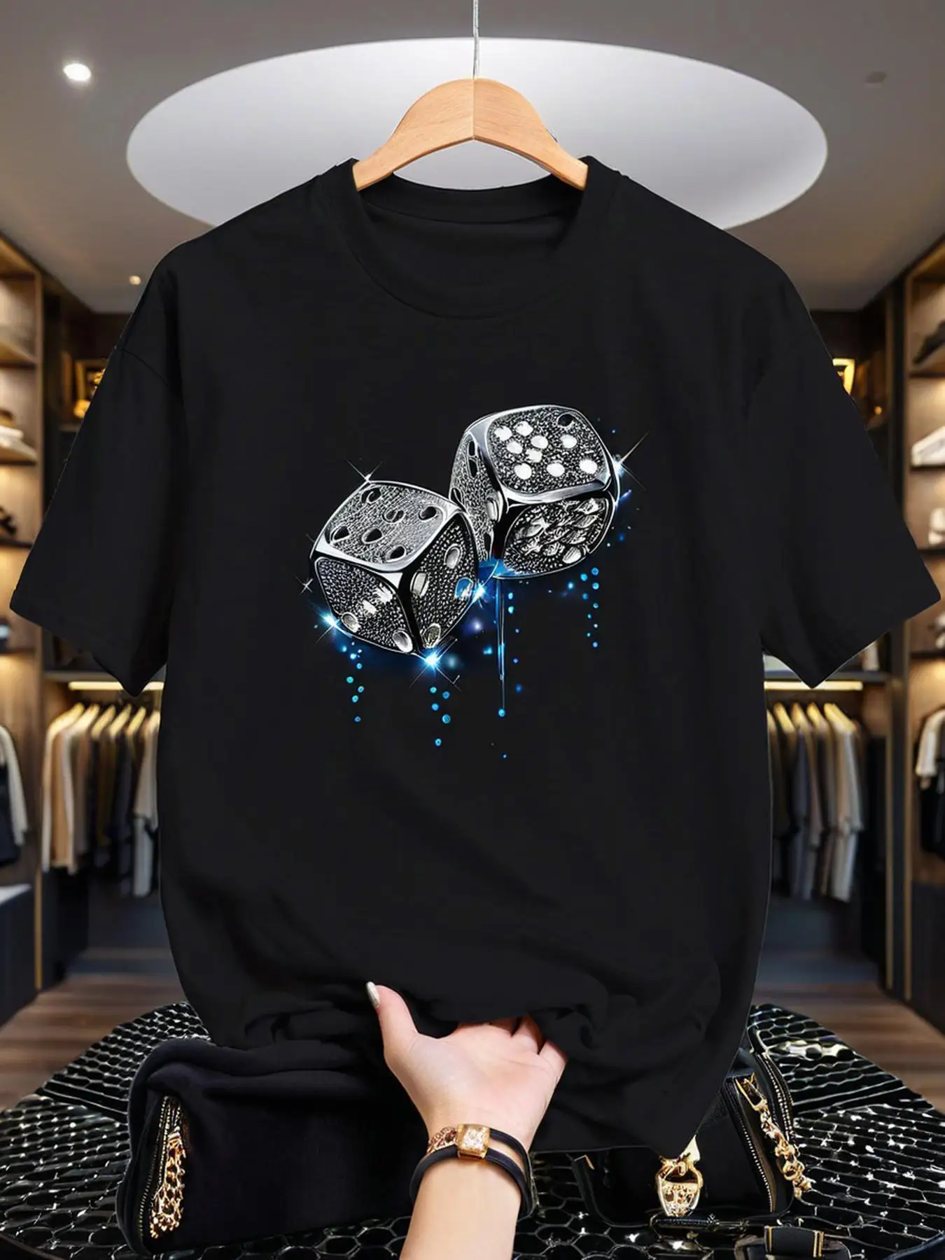 

Men's 100% Cotton Stretch Crew Neck T-Shirt with Dice & Raindrop Graphic Print - 220gsm Breathable Streetwear Tee for Summer
