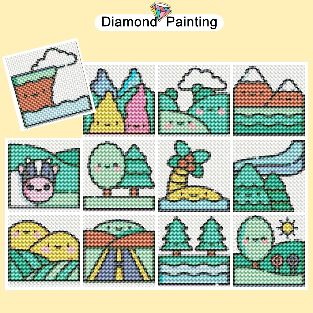 Huacan 12 Stück Cartoon-Landschaft, Mini-Diamantgemälde, Kuh, Bergbaum, Diamant-Mosaik, komplettes Bild von Strasssteinen