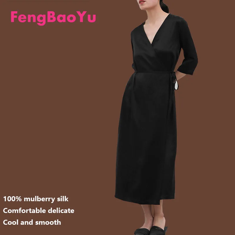 

Fengbaoyu Natural Silk Women's Dress Three-quarter Sleeves V-Neckline - Elegant Simple Long Dress Lustrous Comfortable Texture