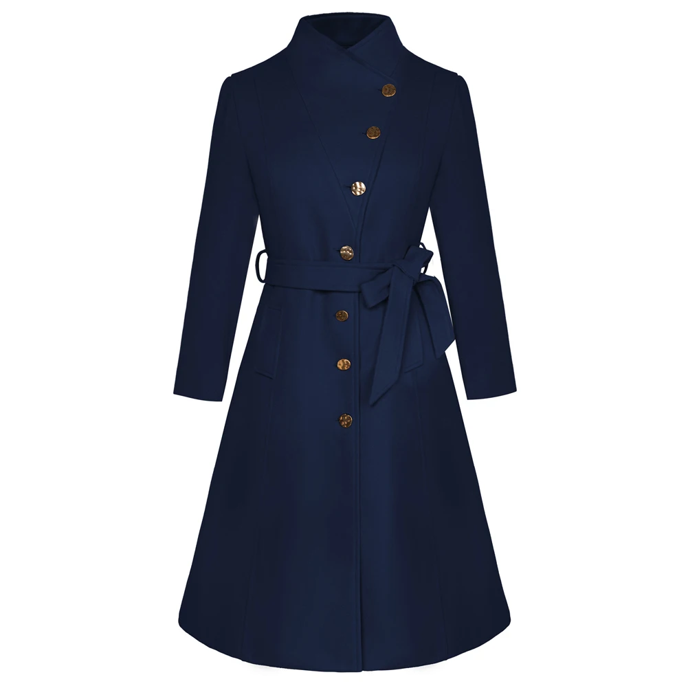 

GK Women Woolen Fabric Overcoat Stand Collar Single Breasted Below Knee Coat