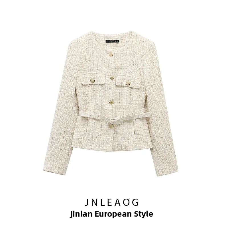 

JNLEAOG Spring New Women's Fashion Design Belt Texture Suit Jacket Thickened Long Sleeve round Neck Short Style Polyester Fiber