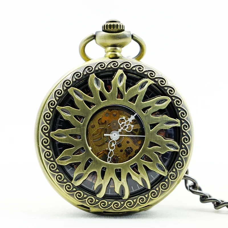 

Bronze Vintage Sun Flame Unique Pattern Design Pocket Watch Mechanical Hand Wind Men's Ladies Watch with Sweater Necklace Chain