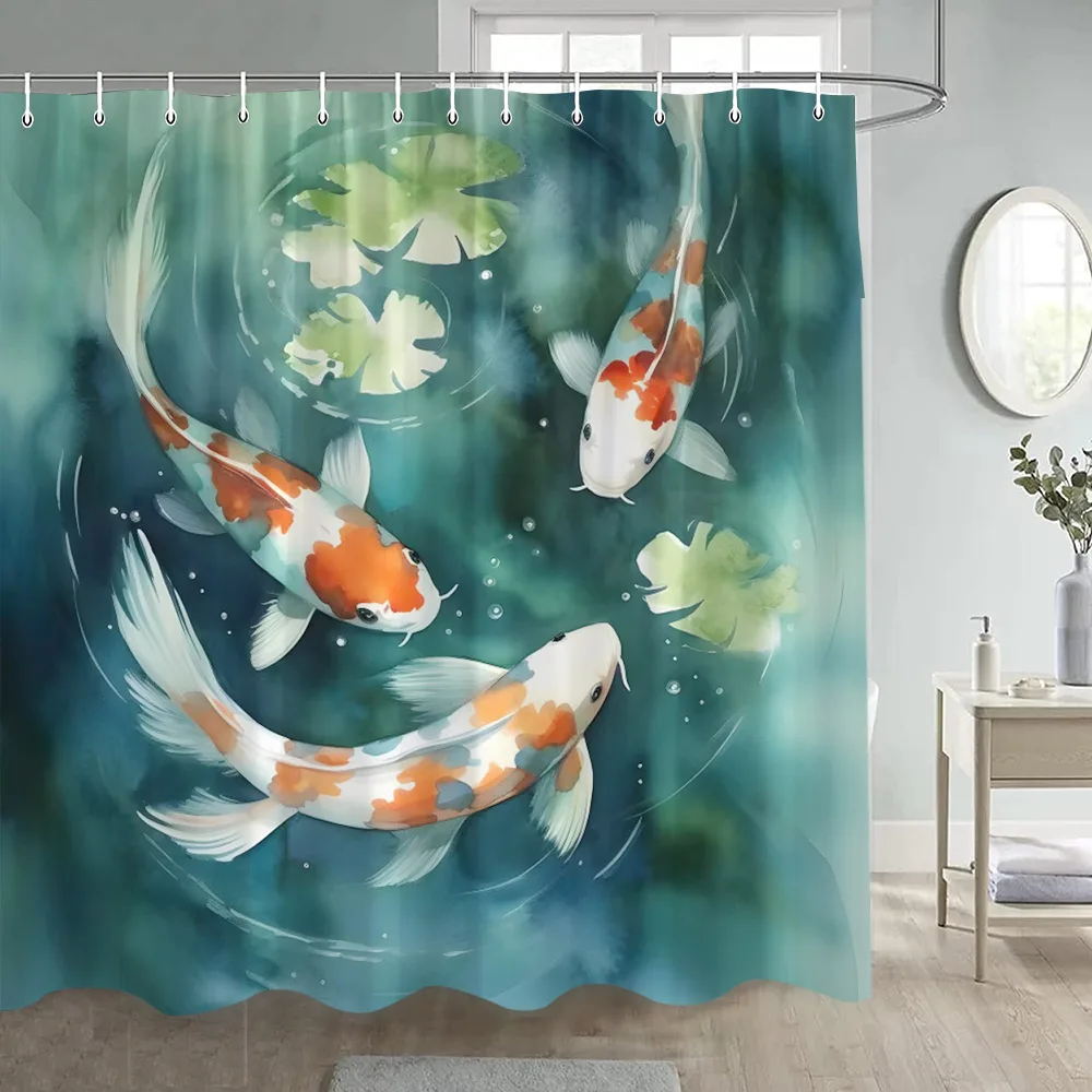 Japanese Landscape Shower Curtains Cherry Blossom Koi Fish Lotus Abstract Mountain Sea Waves Polyester Bathroom Decor with Hooks