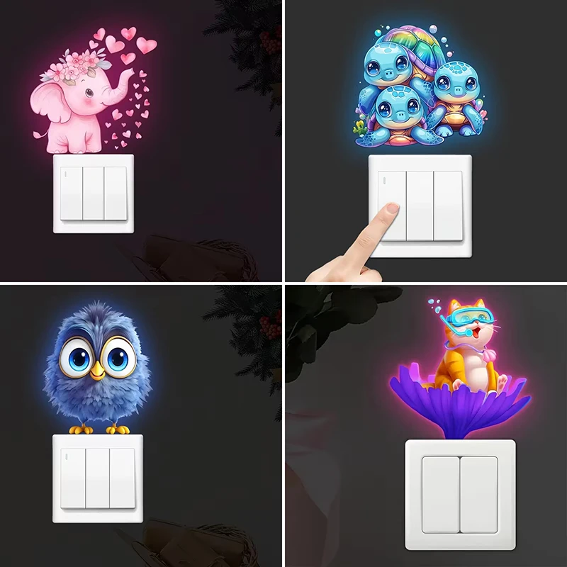 Penguins & Elephants Glow-in-the-Dark Switch Stickers Self-Adhesive Removable Wall Decals for Switches & Outlets