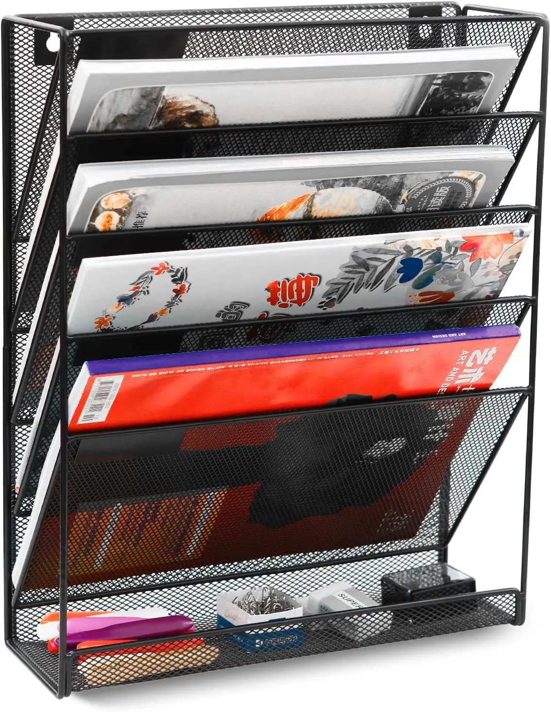 

5-Tier Mesh Wall File Holder with Labels, Vertical Desk Organizer for Office Home, Black