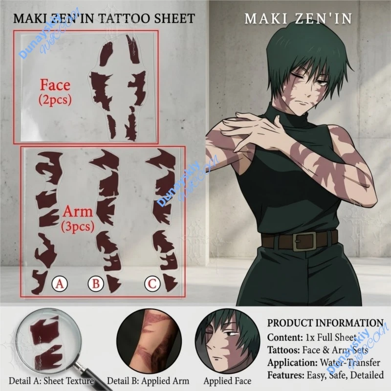 Anime Jujutsu Kaisen Zenin Maki Temporary Tattoo Decals Disposable Body Face Arm Stickers Cosplay Prop For Halloween Comic view 2