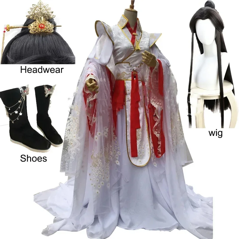 Xie Lian Yue Shen Cosplay, novela antigua, Tian Guan Ci Fu, platino, pavo real, Cosplay, Costmes Cos, peluca, zapatos para fiesta de Halloween