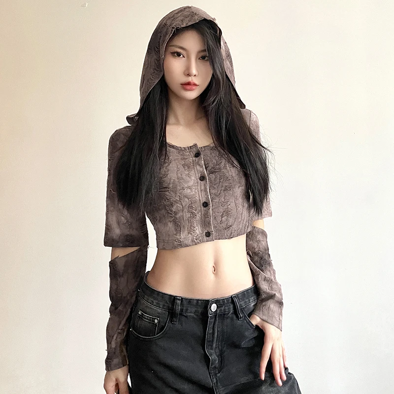 Pull Cool Waste Style Sexy Hooded Long Sleeve  Women's Closing Niche Exposed Navel Design Short T-shirt Trendy Tops Sweatshirt