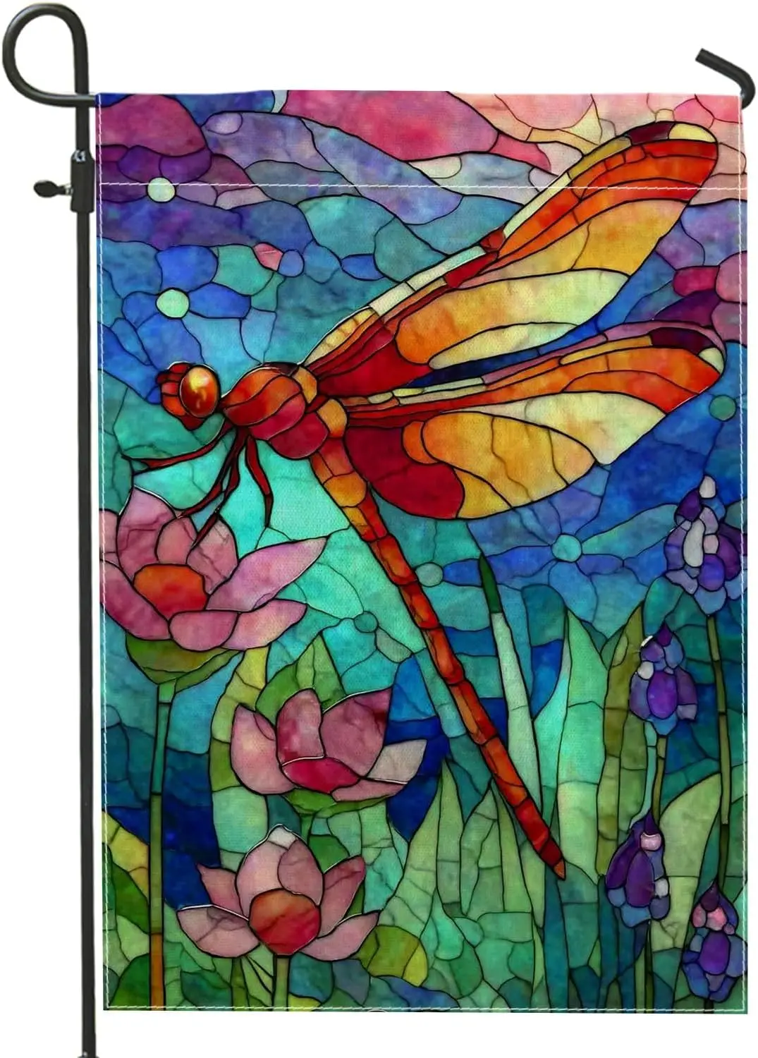 Dragonfly Garden Flag, Colorful Stained Glass Home Decor Banner, Double Sided Outdoor Lawn Decoration for Spring Summer Part yyi