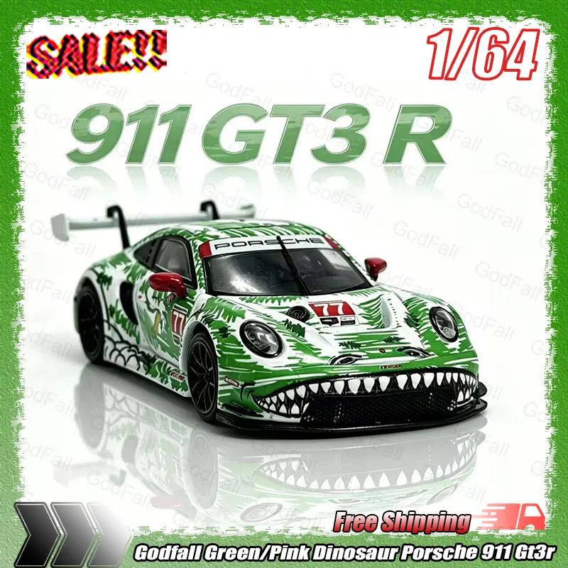 

1:64 Godfall Green/Pink Dinosaur Sketch Livery 911 Gt3 R #77 Alloy Models Collectible Collection Display Adult Enthusiasts Gifts