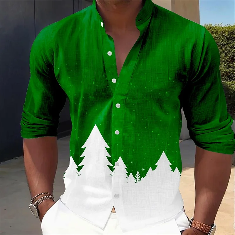 

Christmas Men's Christmas Scene Printed Shirt Button Long Sleeve Party Evening Party Spring and Autumn Stand Collar Thin Section