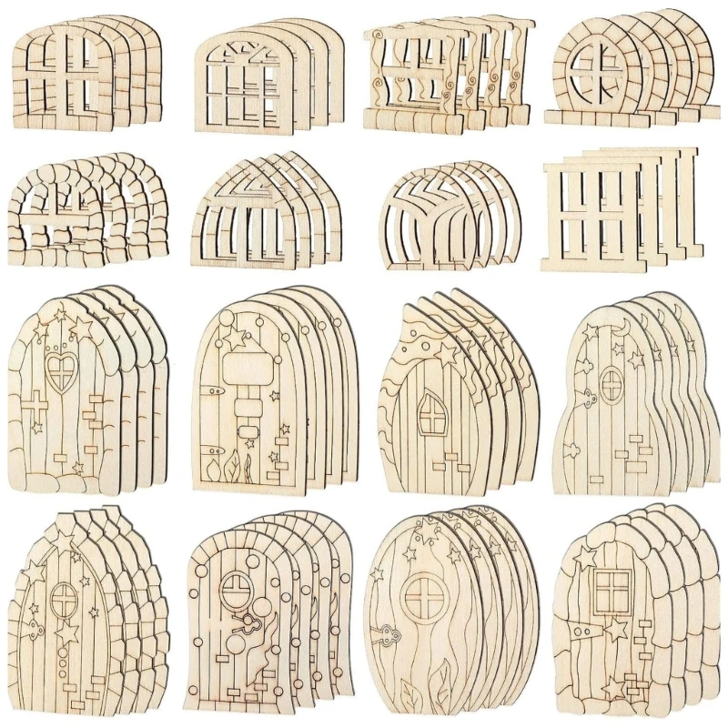 Artistic Garden Door Set 64Pcs Elf Doors for Kids Drawing Unpainted Fairies Garden Door Set for Christmas Decoration W3JF