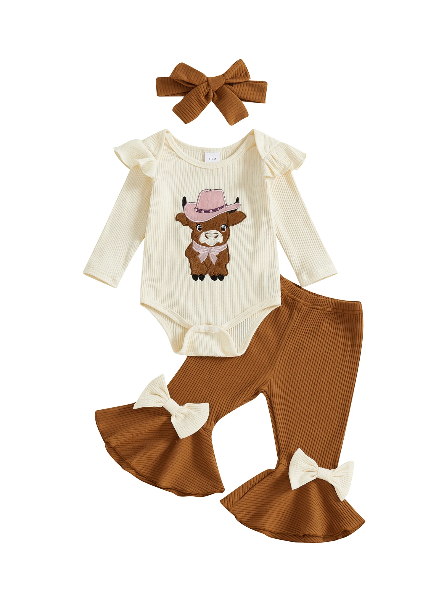 

Комплект из трех предметов для маленьких девочек, комбинезон с длинными рукавами и круглым вырезом, цветочной вышивкой, повязка на голову, эластичная талия, брюки с рюшами, наряд