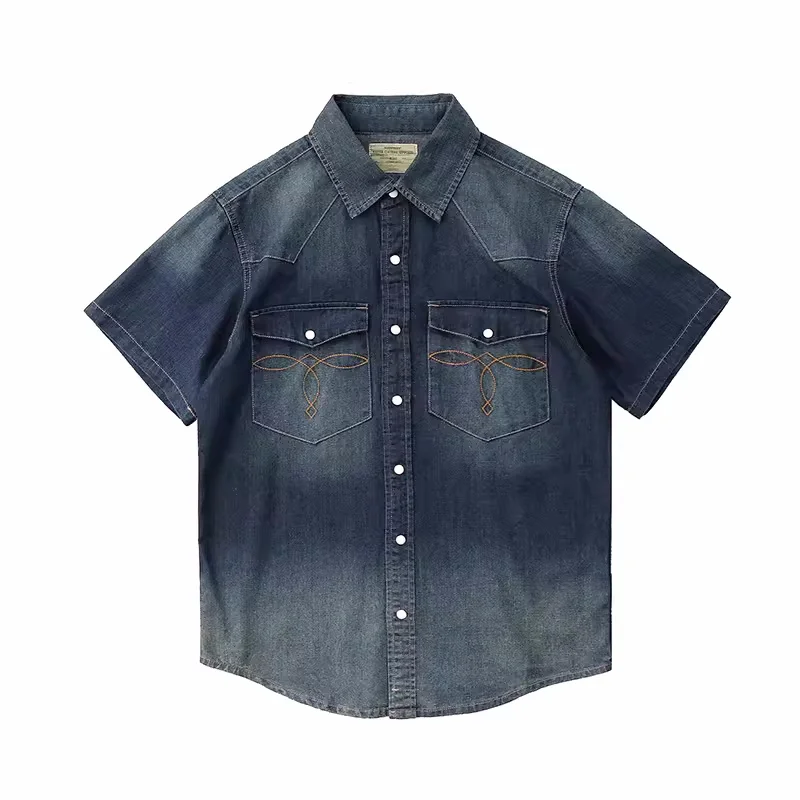 Vintage American Casual Denim Shirts for Men 100% Cotton Wash Summer Loose Embroidery Workwear 24ss Y2k Youth Male Tops Amekaji